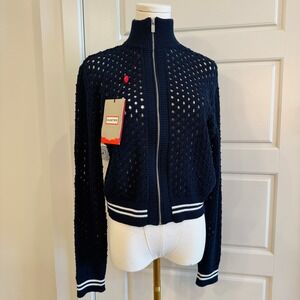 Hunter Boots Navy Crochet Knit Zip Up Bomber Cardigan Sweater Women's XS NWT